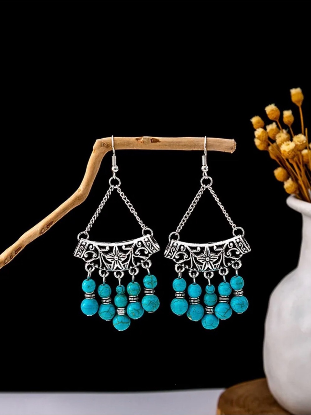 Turquoise Bead Silver-Tone Dangle Earrings - Boho Chic